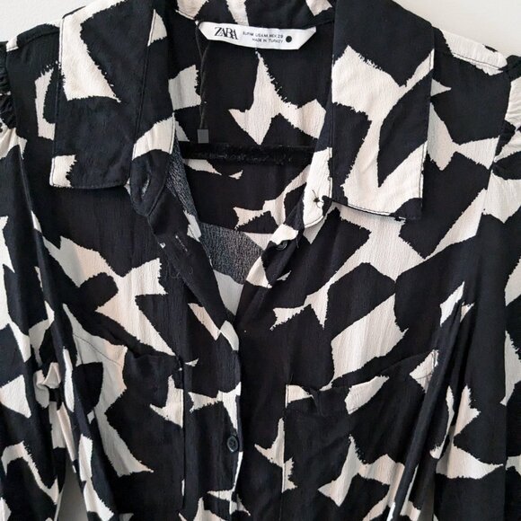Zara Medium M Black white Patterned Shirt Dress Midi Maxi Dress 6 - Picture 6 of 8
